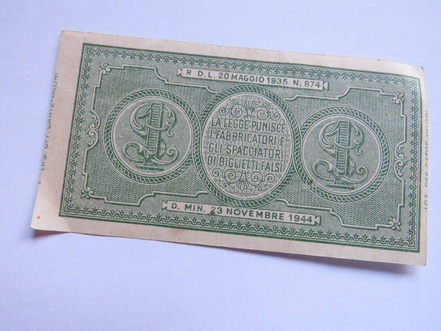 1944 Italy 1 Lira Banknote.