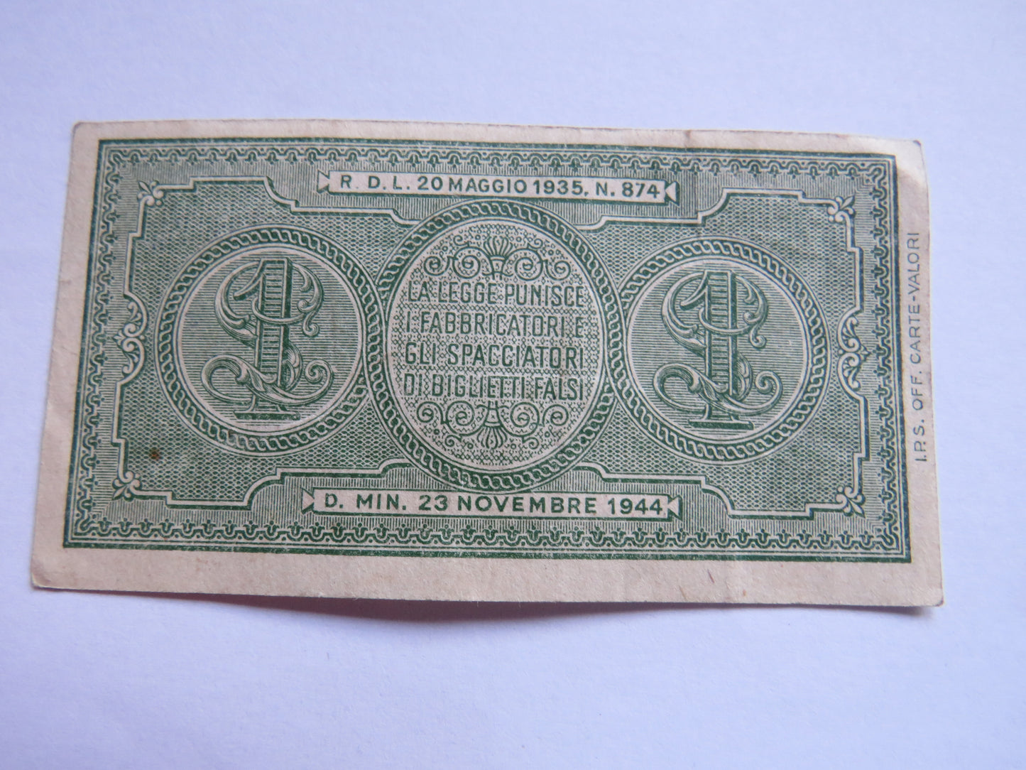 1944 Italy 1 Lira Banknote