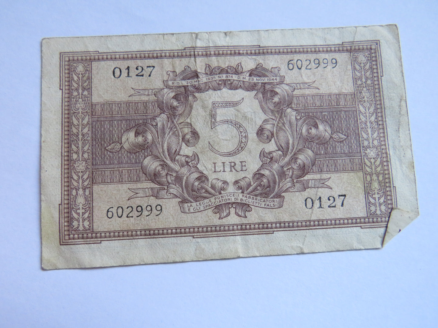 1944 Italy 5 Lire Banknote