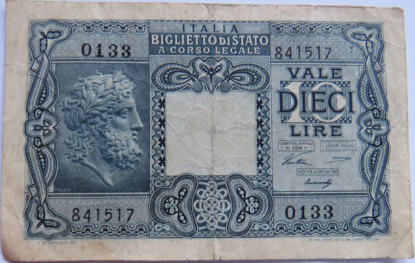 1944 Italy 10 Lire Banknote