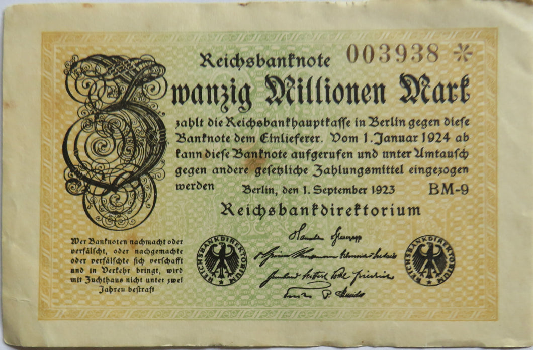 1923 Germany 20 Million Mark Banknote - Hyper Inflation