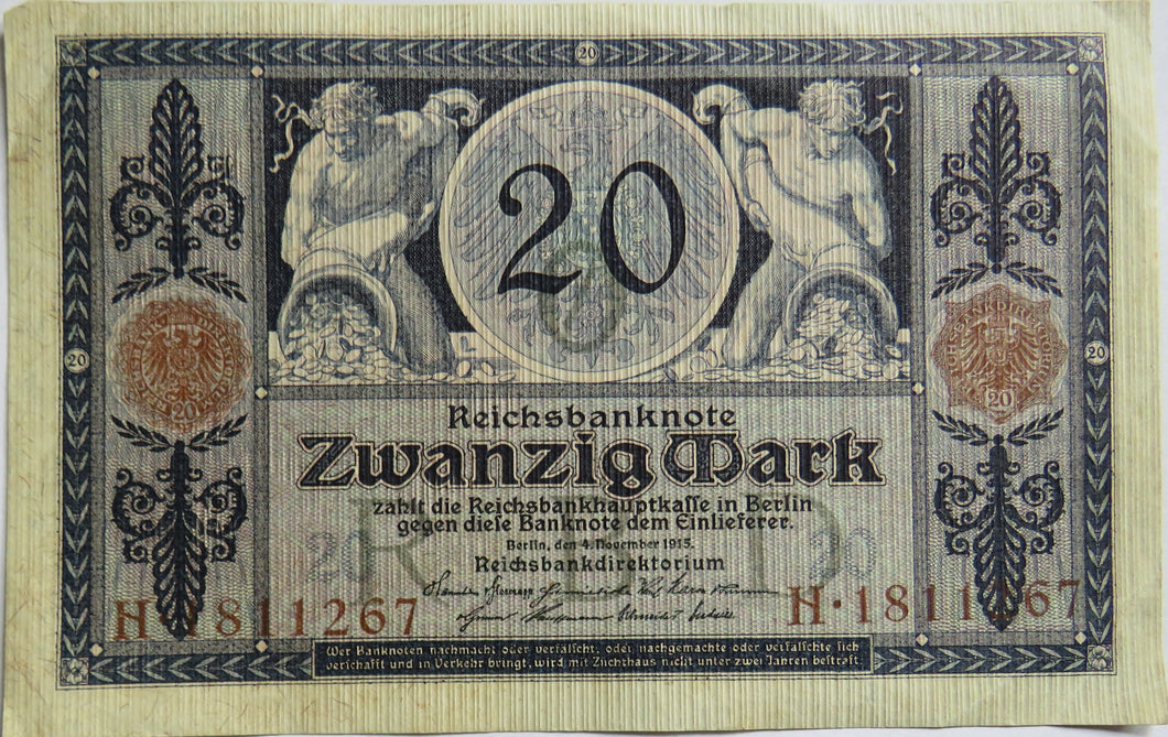 1915 Germany 20 Mark Banknote