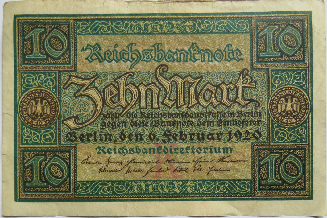 1920 Germany 10 Mark Banknote