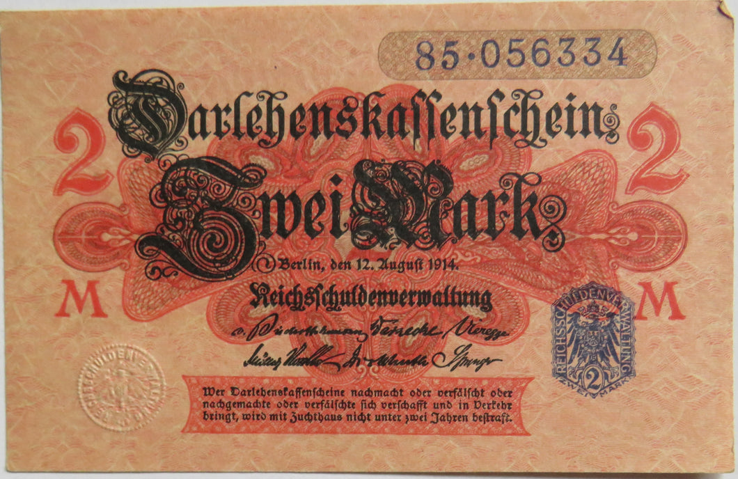 1914 Germany 2 Mark Banknote