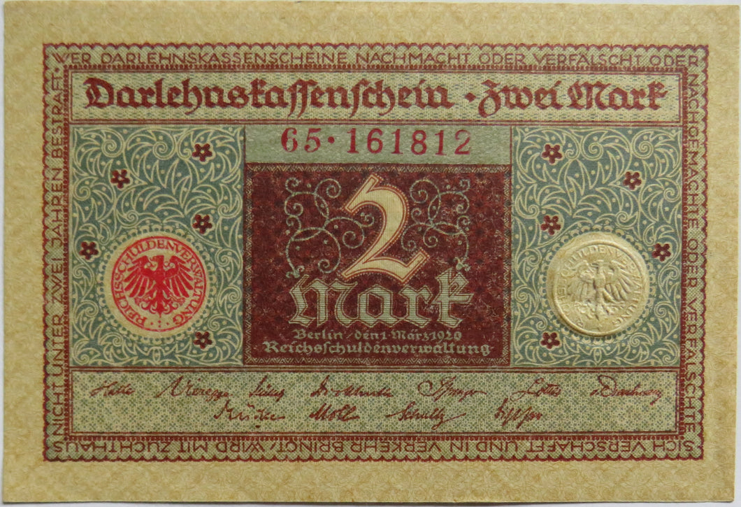 1920 Germany 2 Mark Banknote