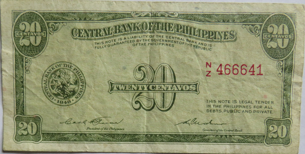 1949 Central Bank of the Philippines 20 Centavos Banknote
