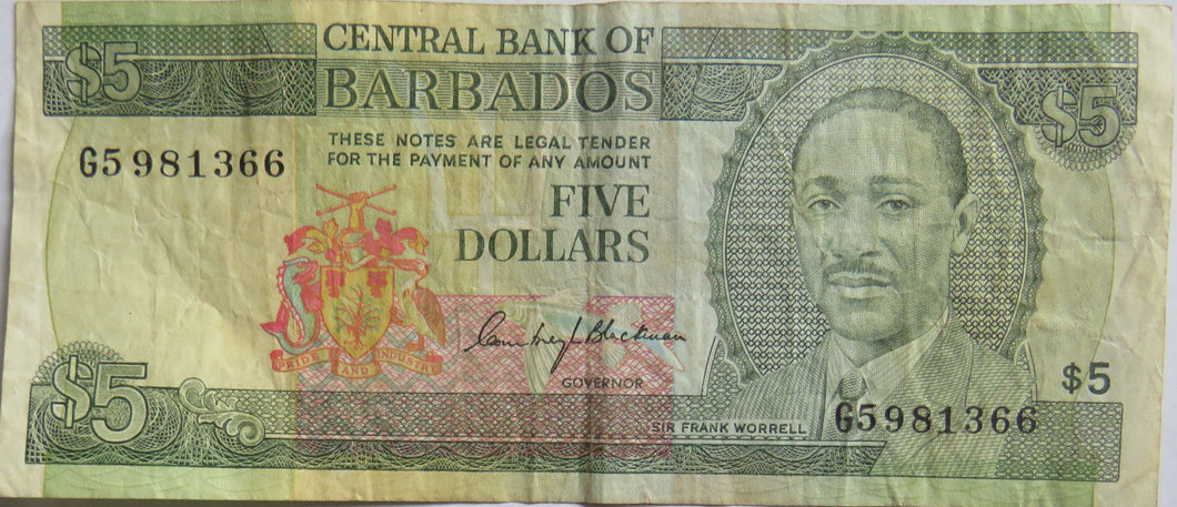 Central Bank of Barbados $5 Five Dollars Banknote