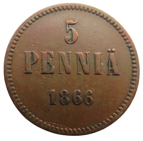 1866 Finland 5 Pennia Coin