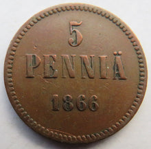 Load image into Gallery viewer, 1866 Finland 5 Pennia Coin
