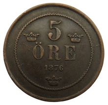 Load image into Gallery viewer, 1876 Sweden 5 Ore Coin
