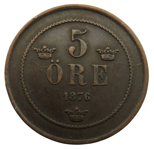 1876 Sweden 5 Ore Coin