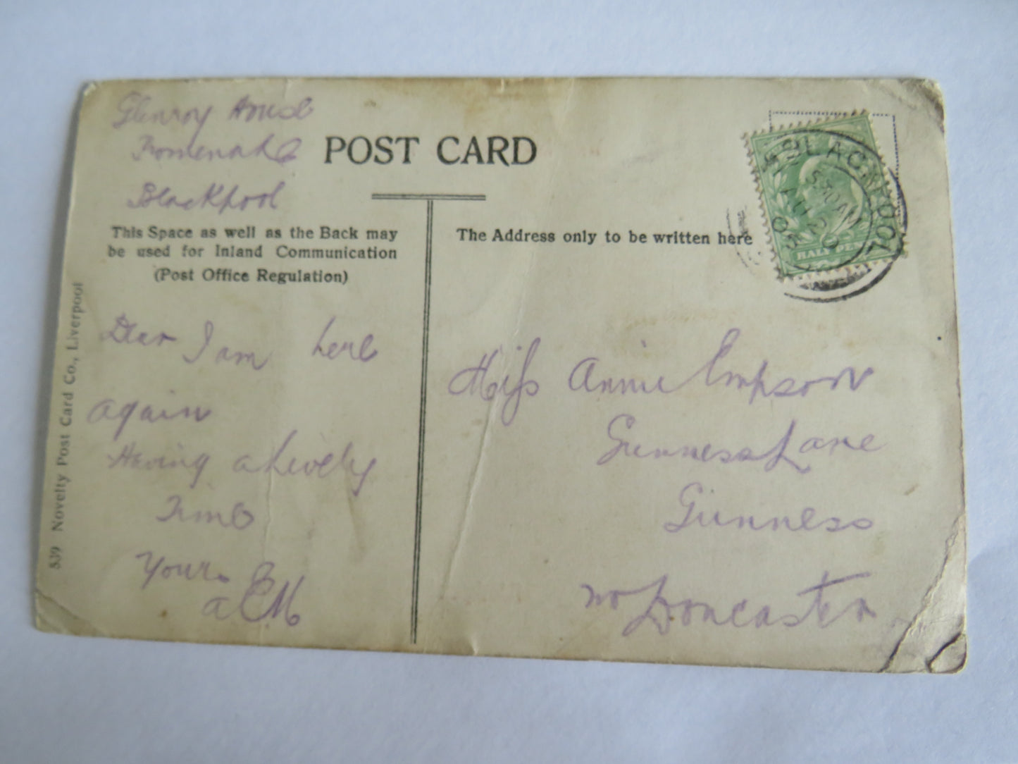 Vintage Postcard With Regards From Blackpool 1905