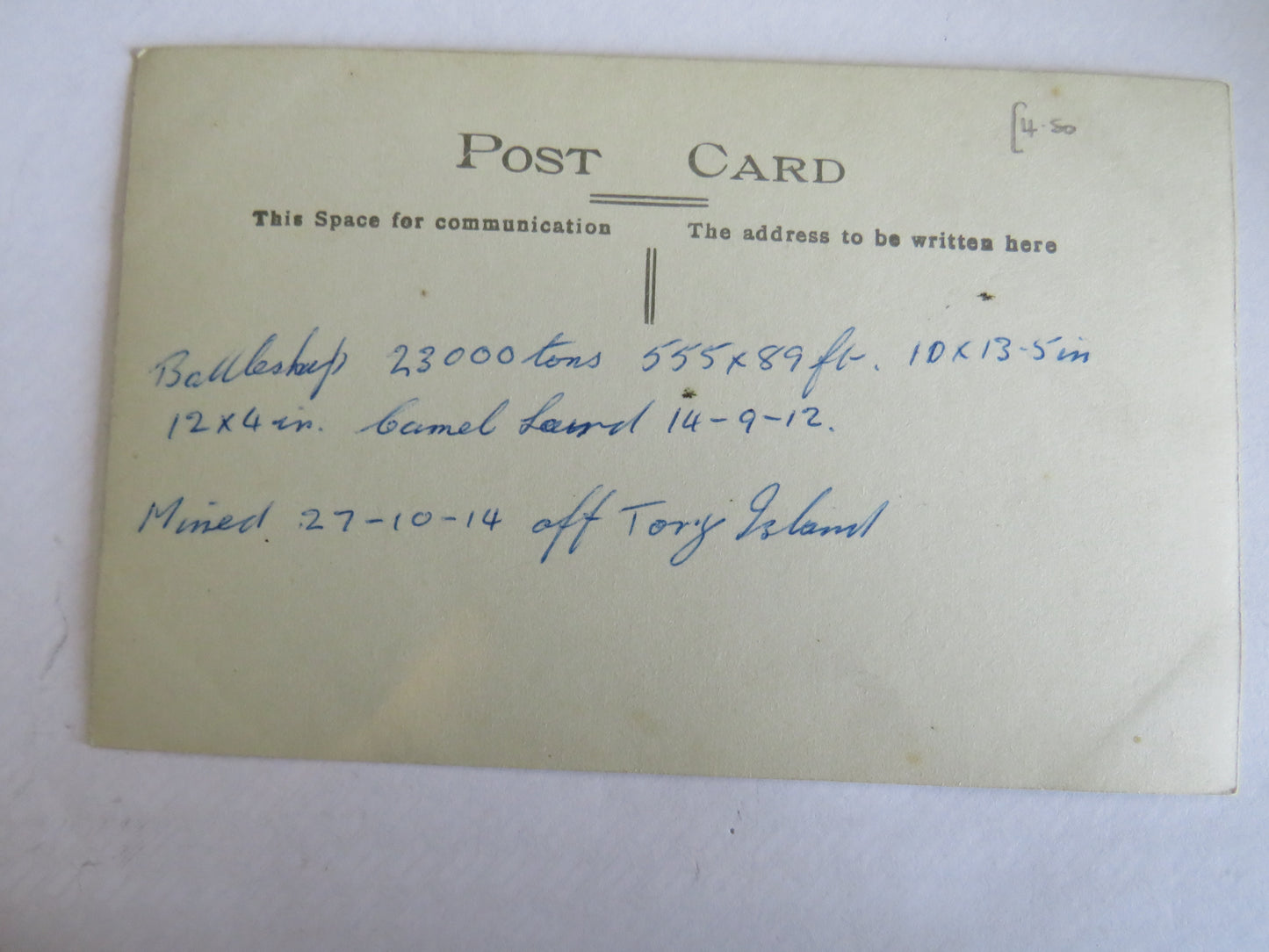 Vintage Warship Postcard of The Sinking of the H.M.S. "Audacious"