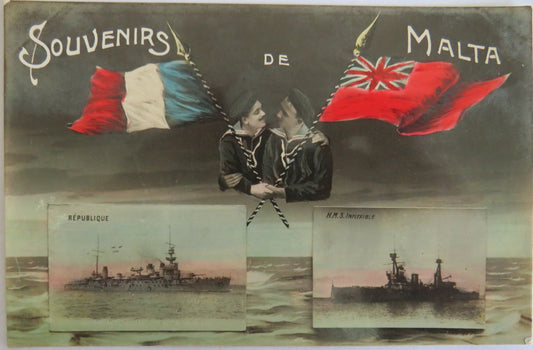 Vintage Warship Postcard of The H.M.S. Inflexible & Republique Souvenirs De Malta