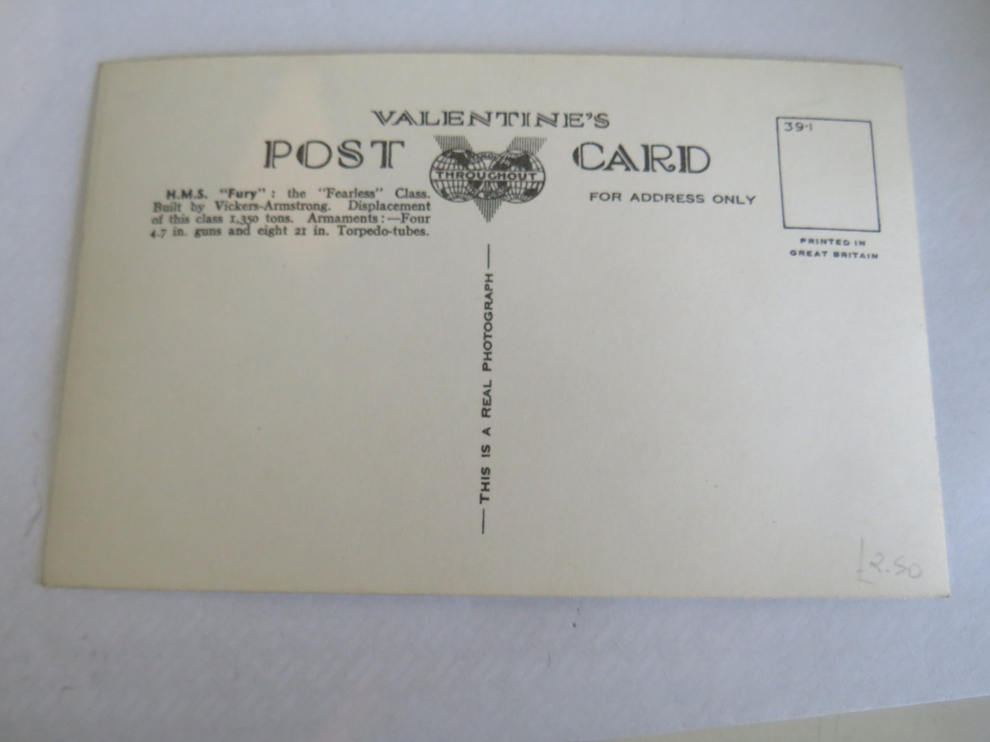 Vintage Warship Postcard of The H.M.S. Fury Destroyer of the "F" Class