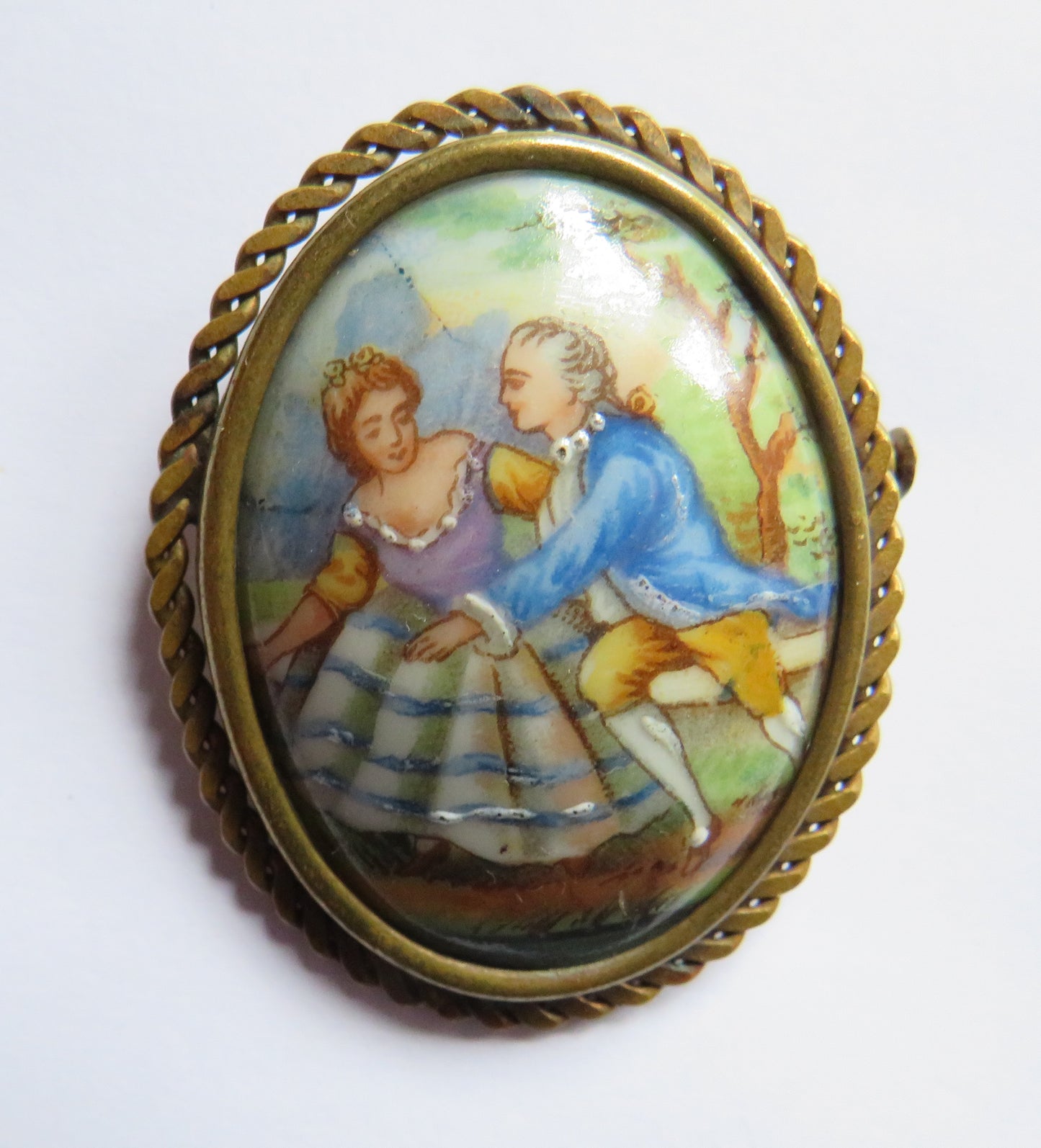 Vintage Hand Painted Porcelain Ladies Brooch With Antique Scene