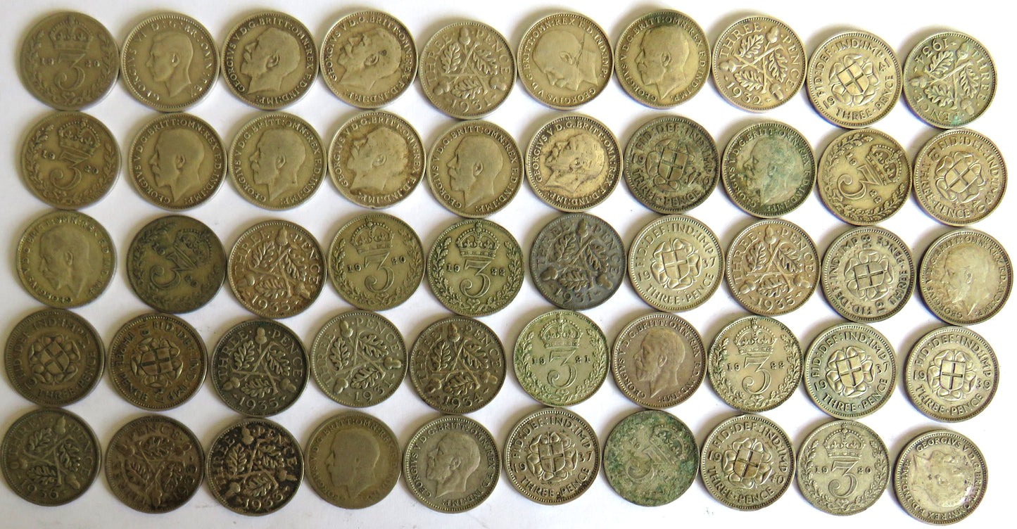 Collection of 50 Silver Threepence Coins From Great Britain 1920-1941