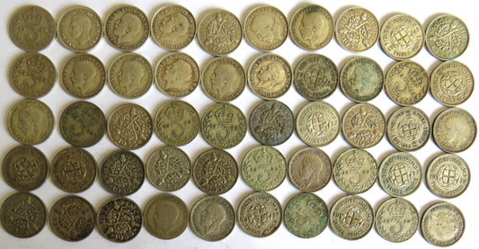 Collection of 50 Silver Threepence Coins From Great Britain 1920-1941