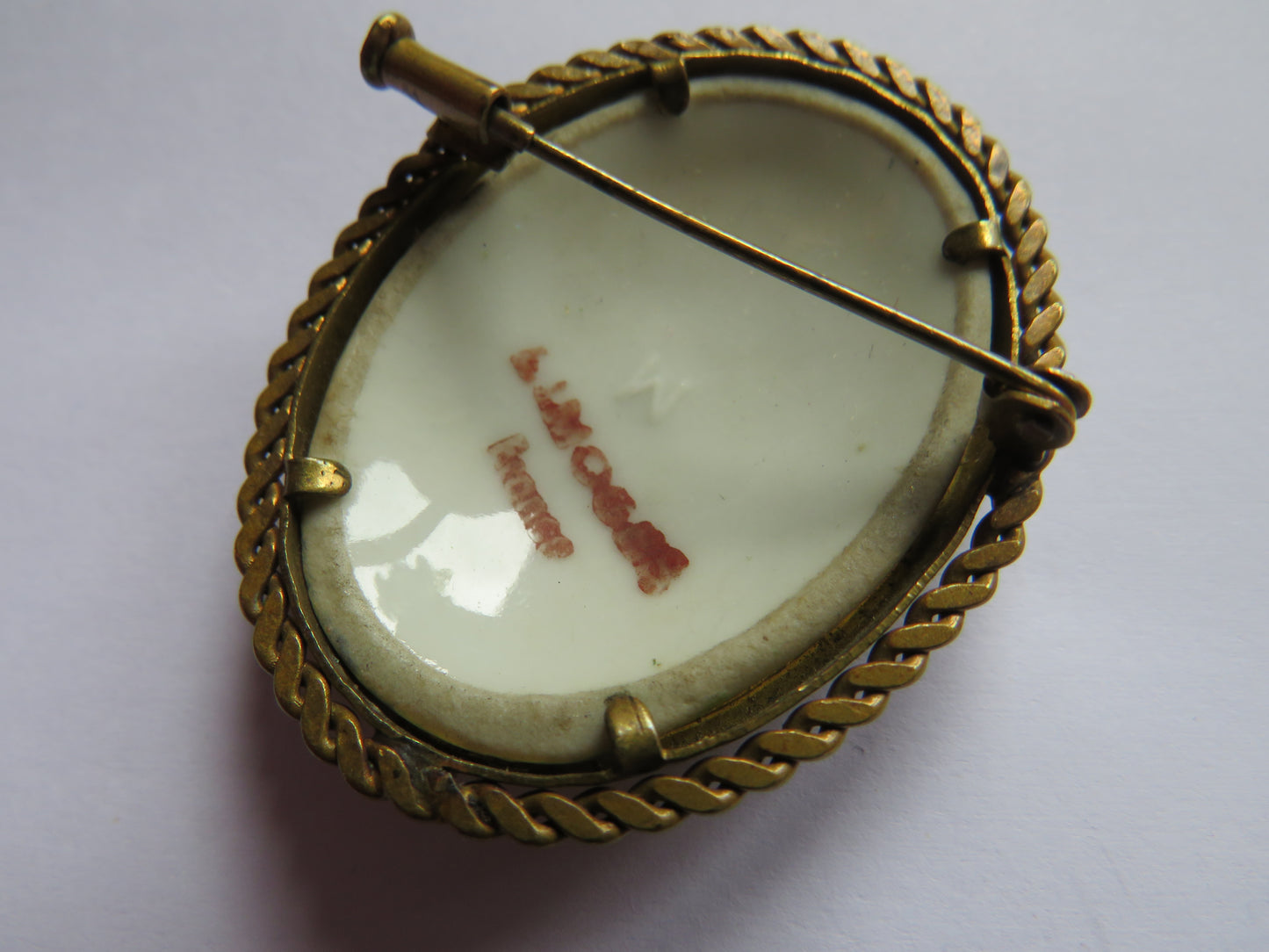 Vintage Hand Painted Porcelain Ladies Brooch With Antique Scene