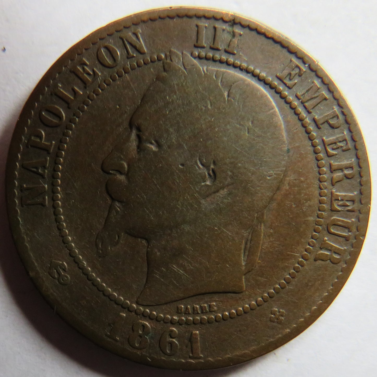 1861-BB France Napoleon III 10 Centimes Coin