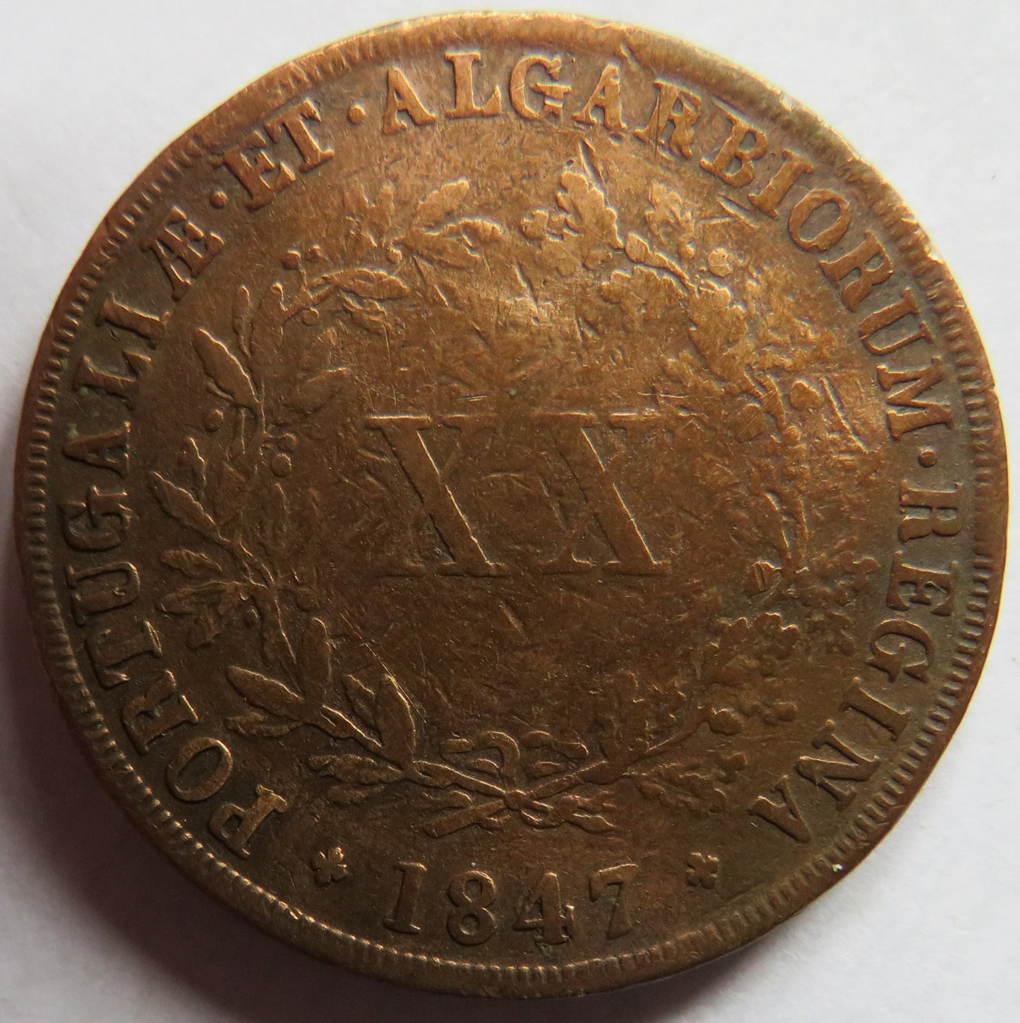 1847 Portugal 20 Reis Coin