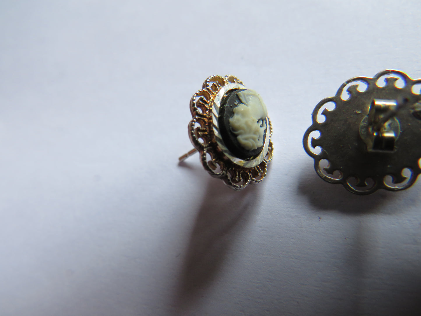 Vintage Ladies White Metal Earrings In Cameo Style