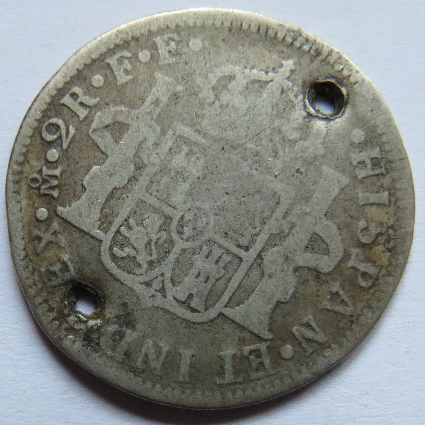 1780's Mexico Silver 2 Reals Coin (Holed)