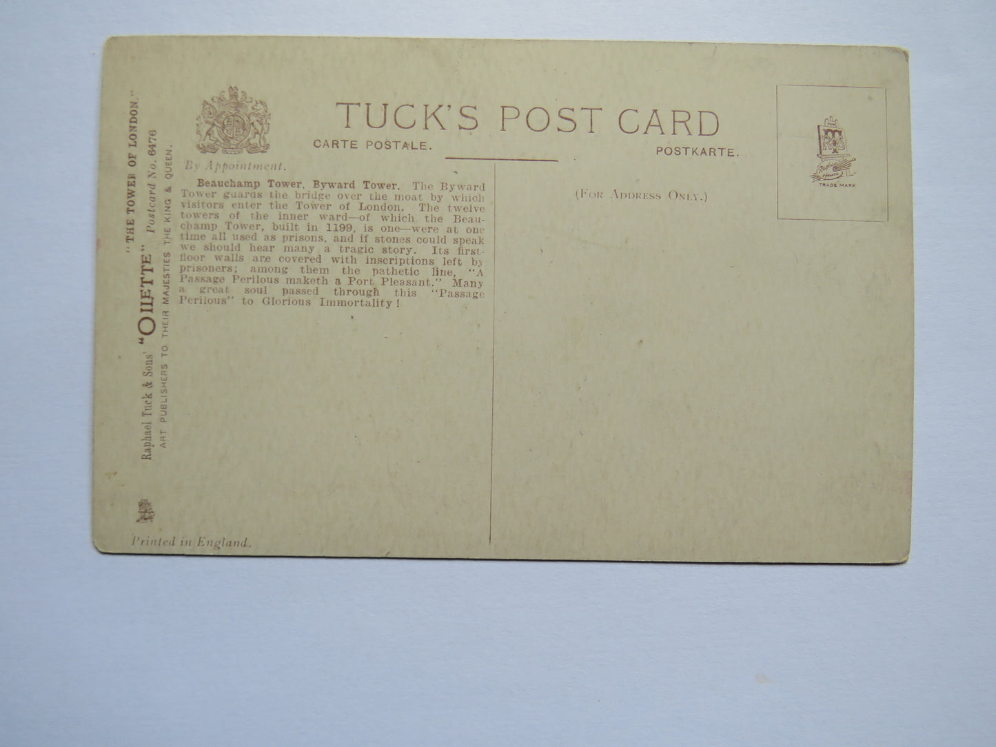 Vintage Postcard of The Tower of London, Beauchamp Tower, Byward Tower