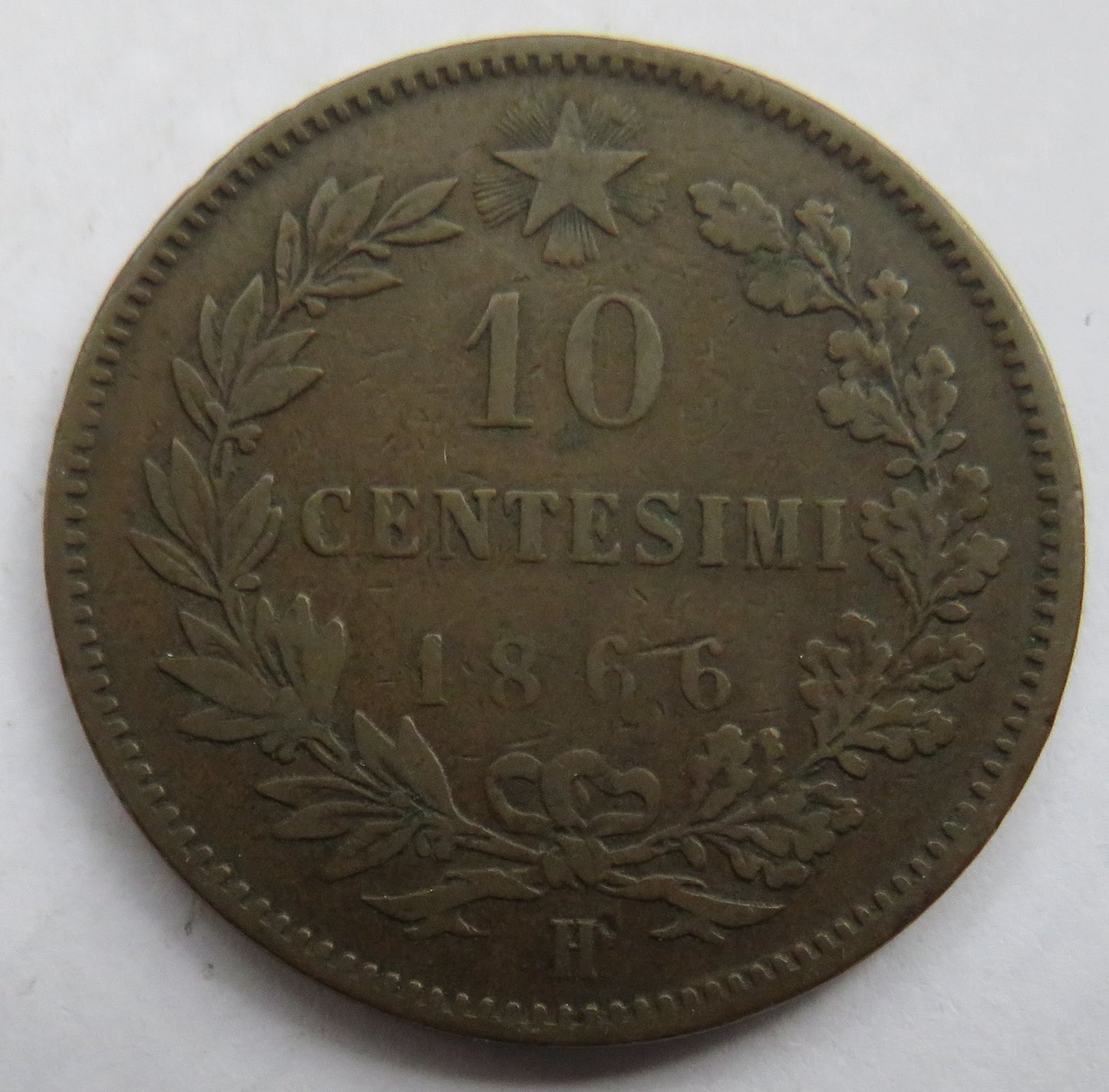 1866-H Italy 10 Centesimi Coin