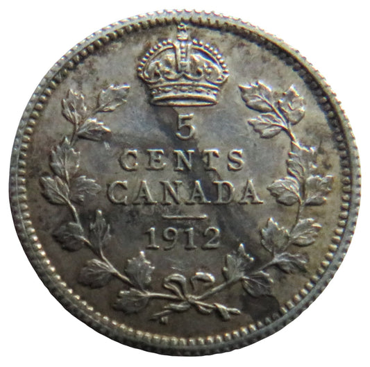 1912 King George V Canada Silver 5 Cents Coin
