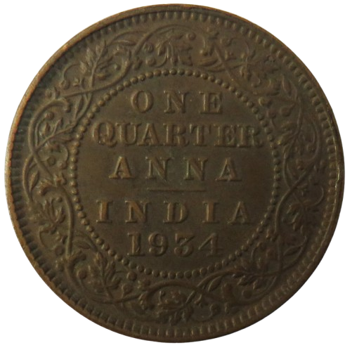 1934 King George V India 1/4 Anna Coin