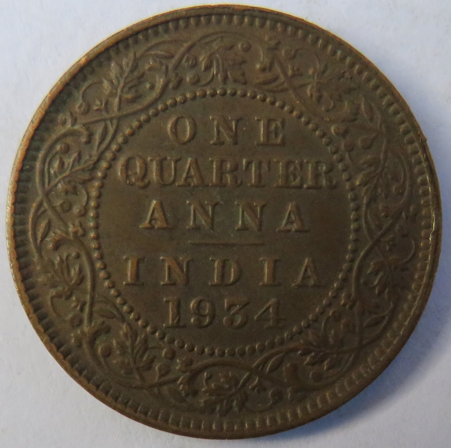 1934 King George V India 1/4 Anna Coin