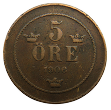 Load image into Gallery viewer, 1906 Sweden 5 Ore Coin
