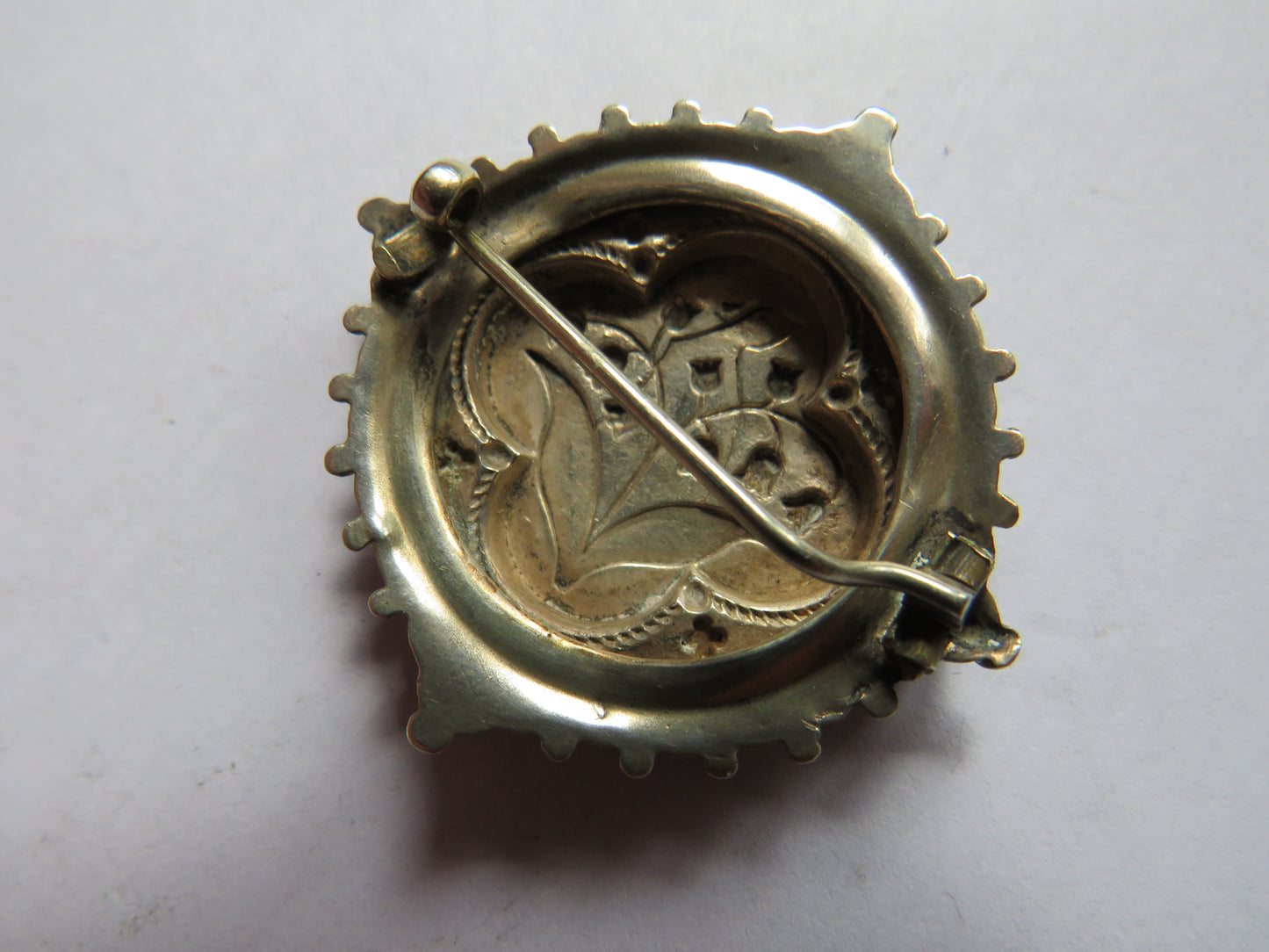 Antique White Metal / Silver Brooch With Floral Design