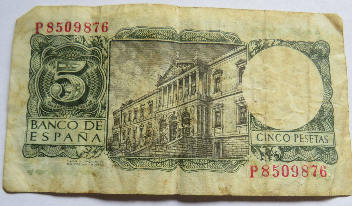 1954 Spain 5 Pesetas Banknote
