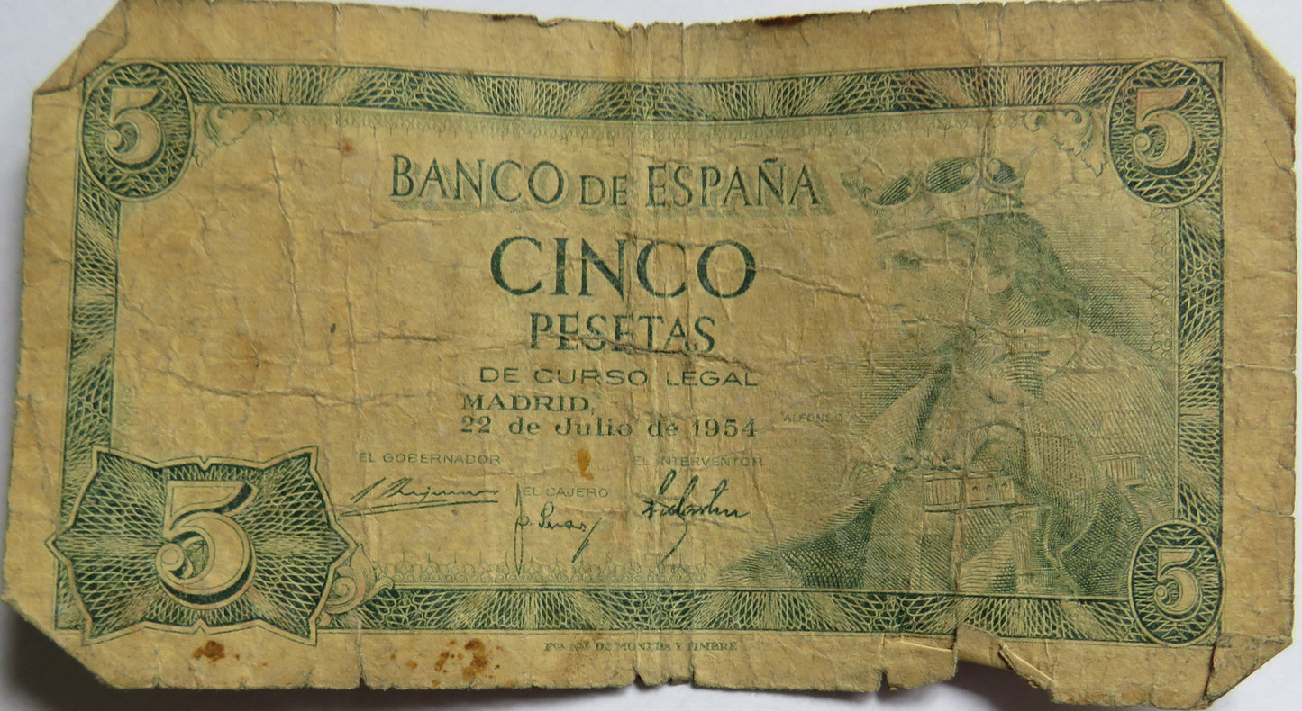 1954 Spain 5 Pesetas Banknote