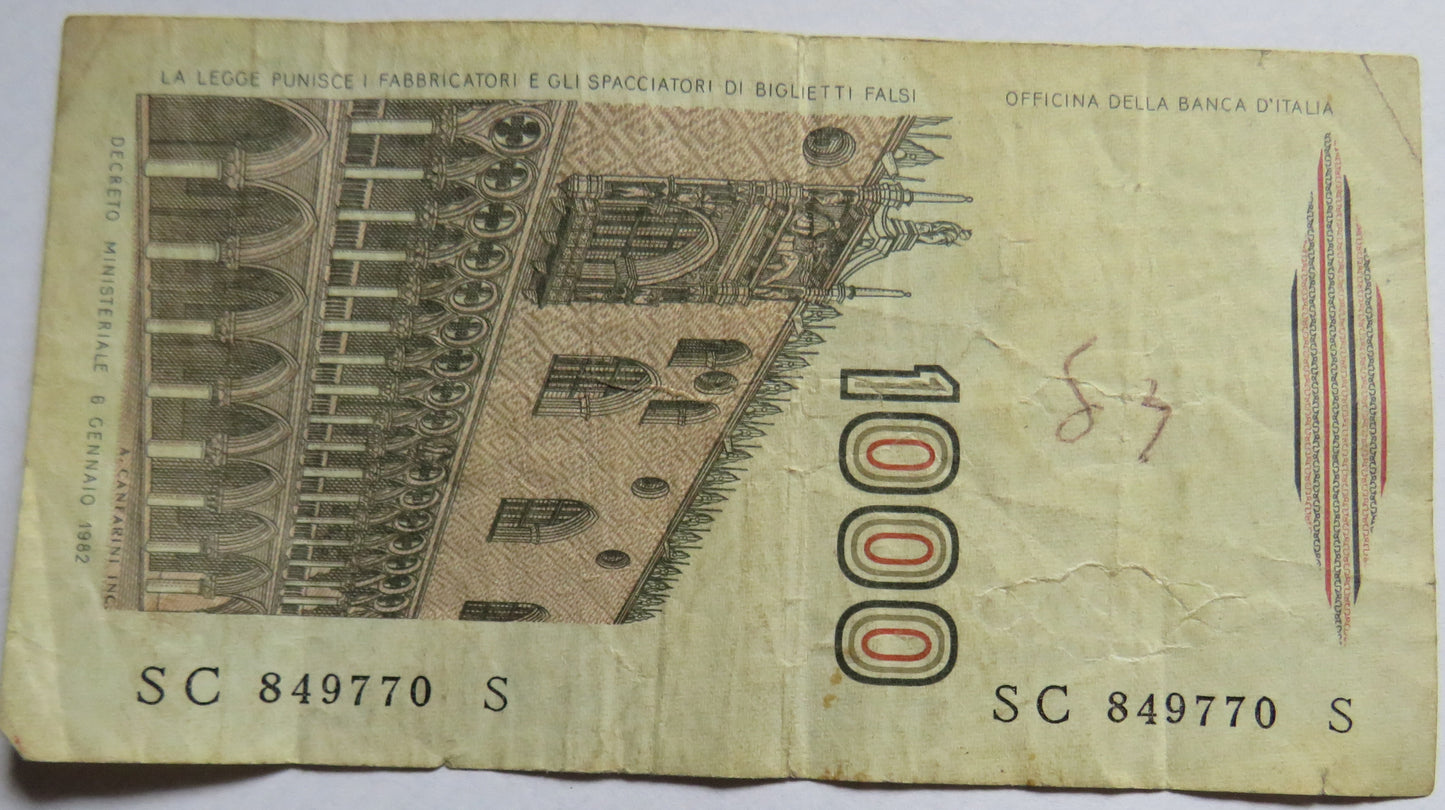 1982 Italy 1000 Lire Banknote
