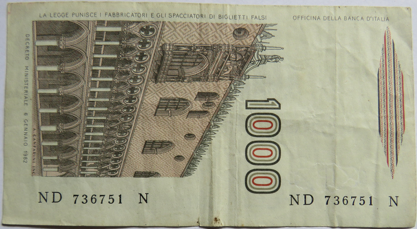 1982 Italy 1000 Lire Banknote