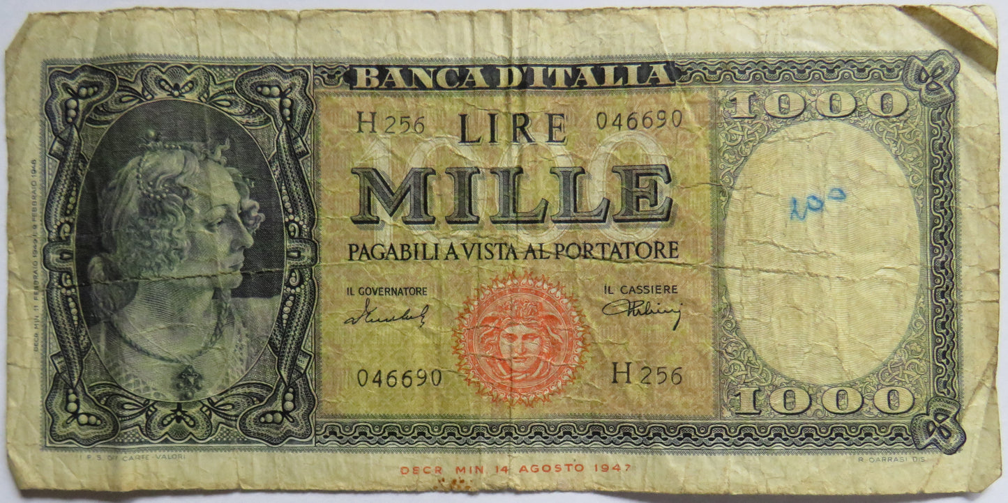 1947 Italy 1000 Lire Banknote