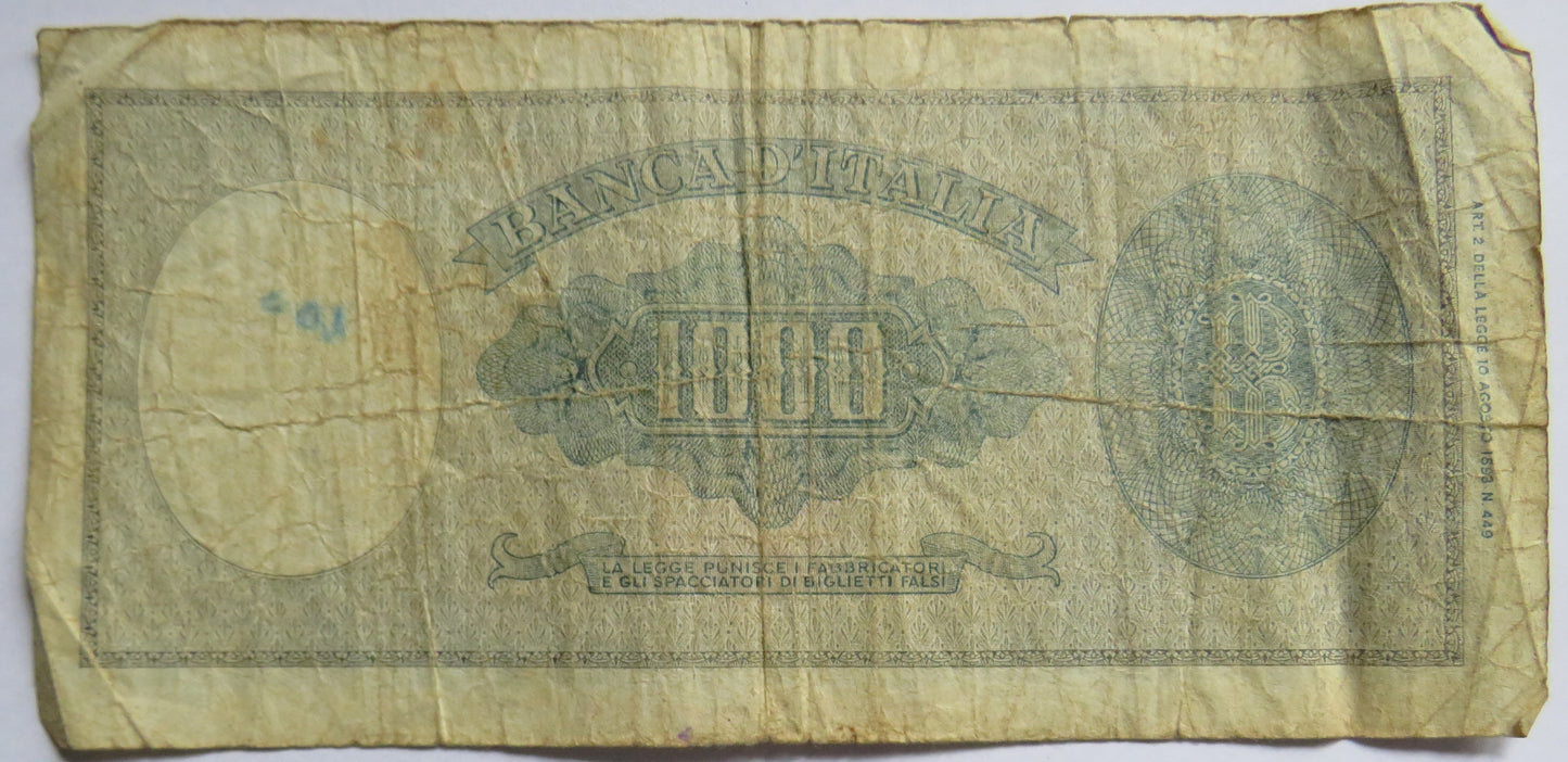 1947 Italy 1000 Lire Banknote