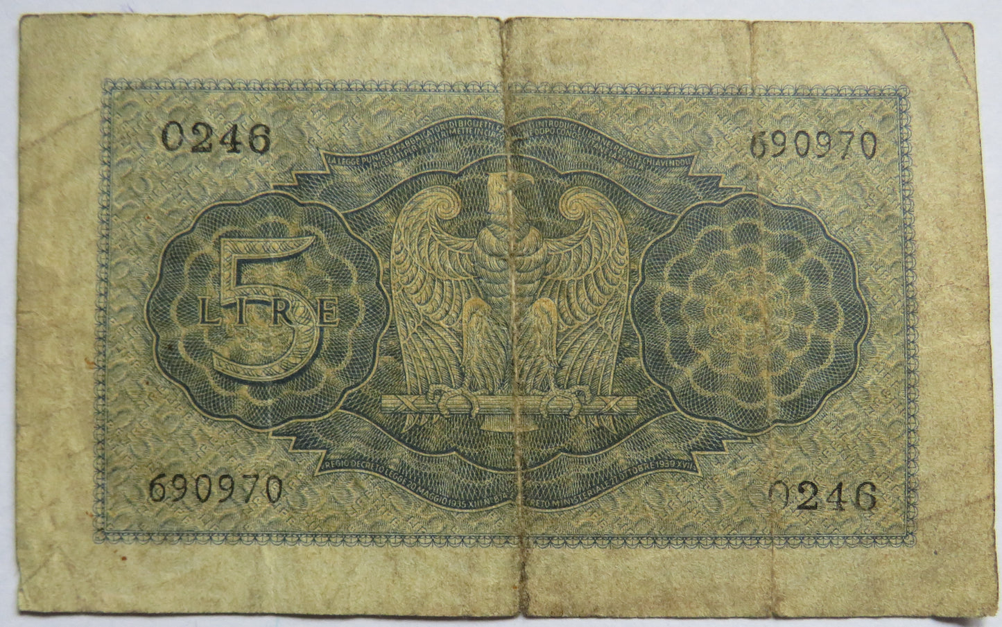 1939 Italy 5 Lire Banknote