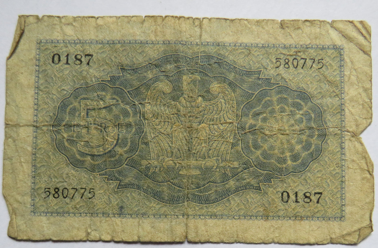 1939 Italy 5 Lire Banknote