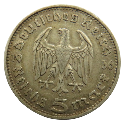 1936-D Germany Silver 5 Reichsmarks Coin