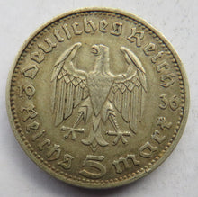 Load image into Gallery viewer, 1936-D Germany Silver 5 Reichsmarks Coin
