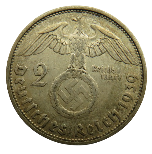 1939-F Germany Silver 2 Reichsmark Coin