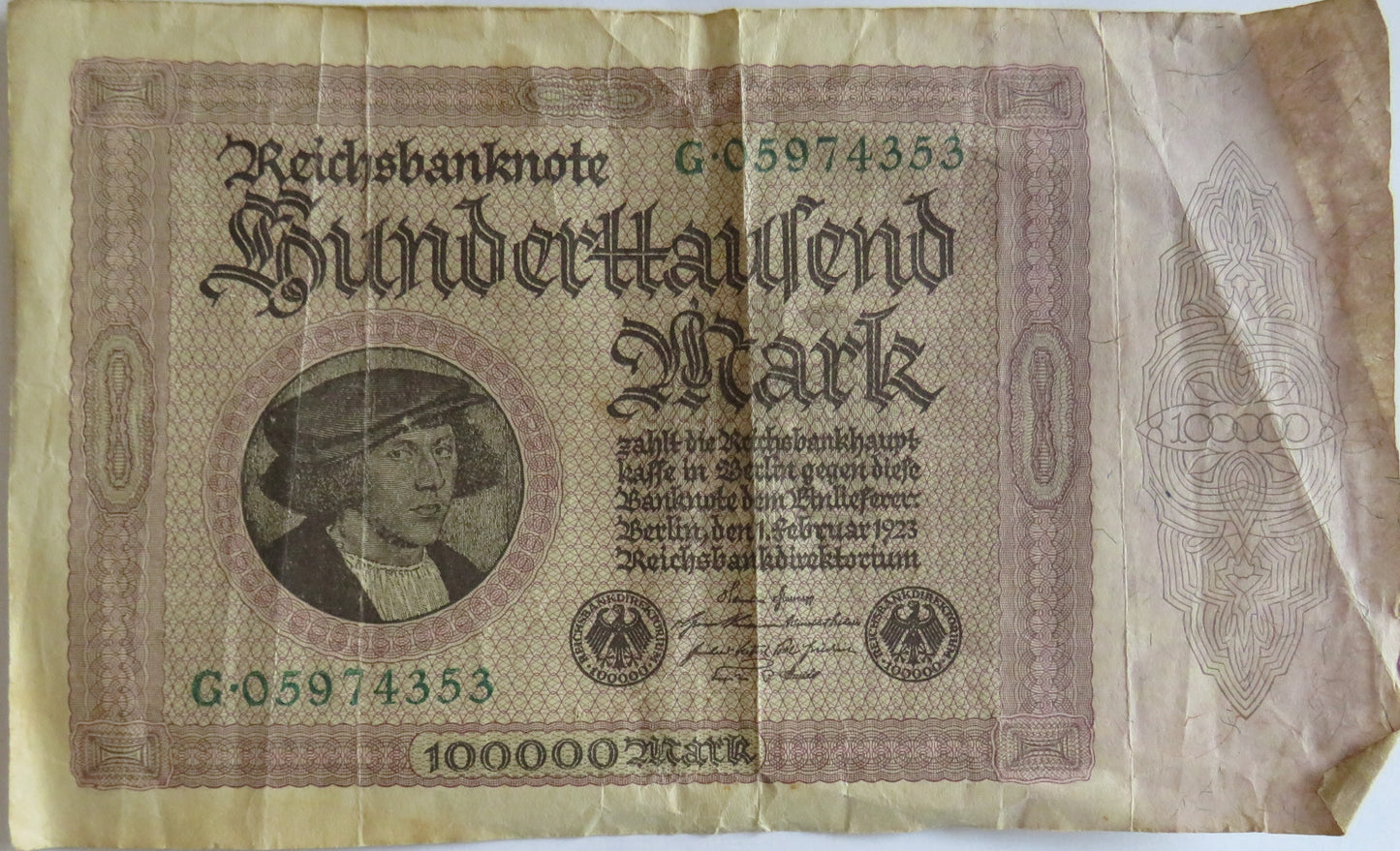 1923 Germany 100000 Mark Banknote