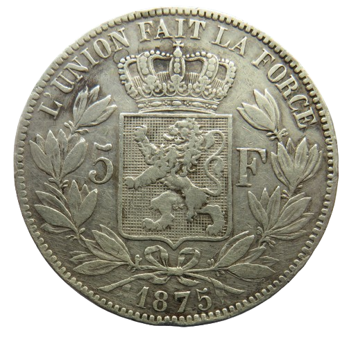 1875 Belgium Silver 5 Francs Coin