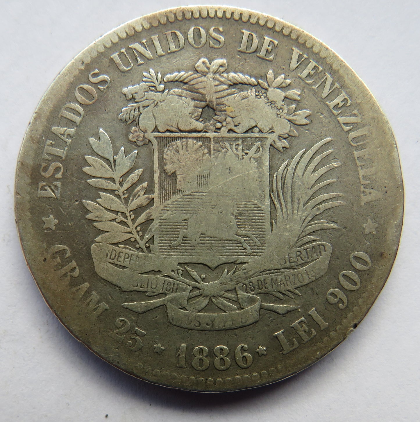 1886 Venezuela Silver 5 Bolivares Coin