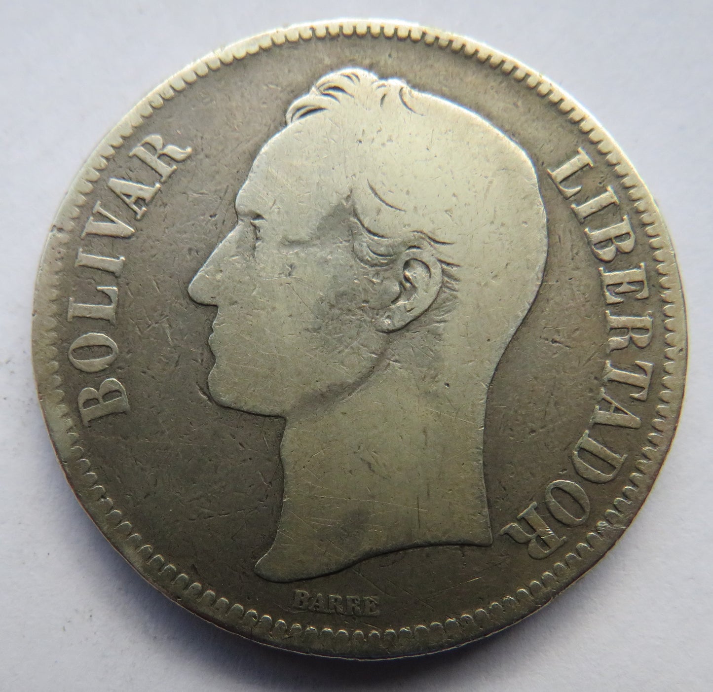 1886 Venezuela Silver 5 Bolivares Coin
