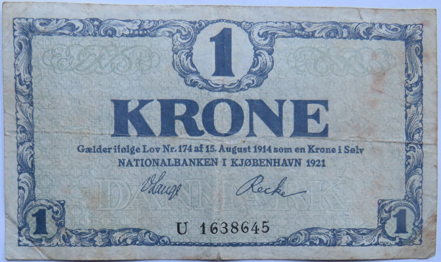 1921 Denmark One Krone Banknote